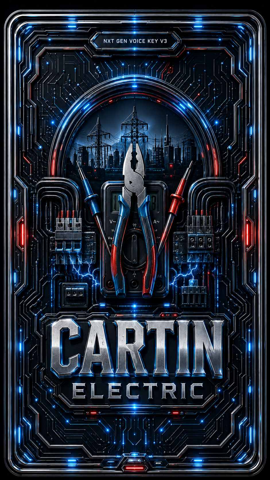 Cartin Electric premium black-glass digital key with chrome, cyan and red electrical details