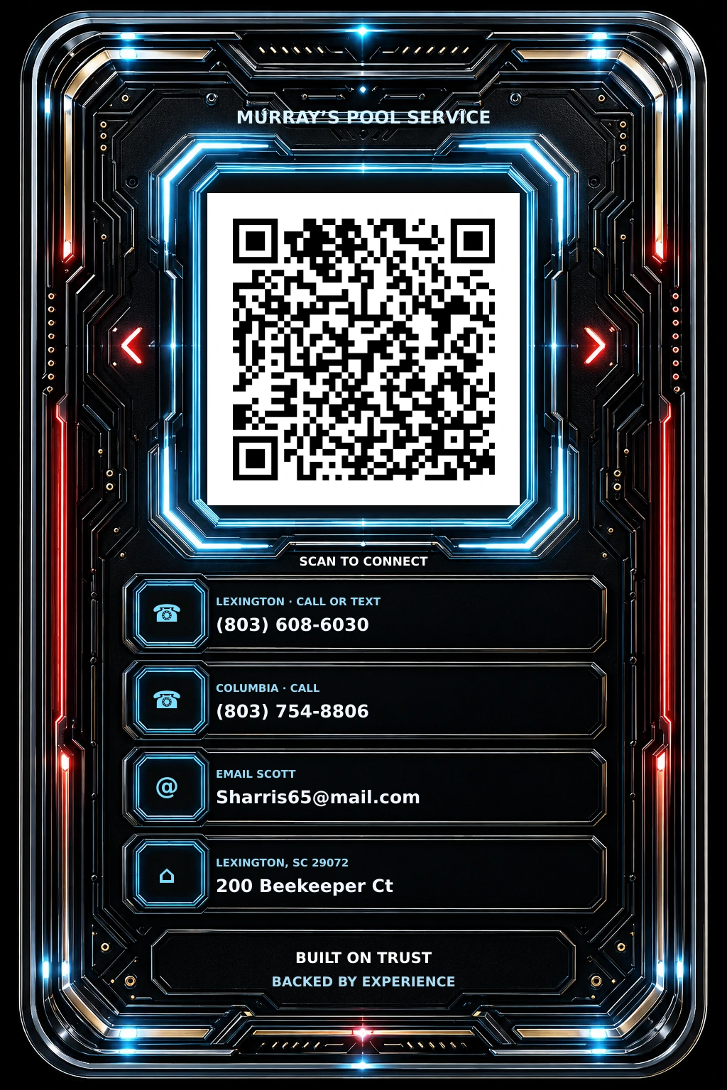 Card back. Lexington 803-608-6030; Columbia 803-754-8806; email Sharris65@mail.com; 200 Beekeeper Ct, Lexington SC 29072. QR opens this key.