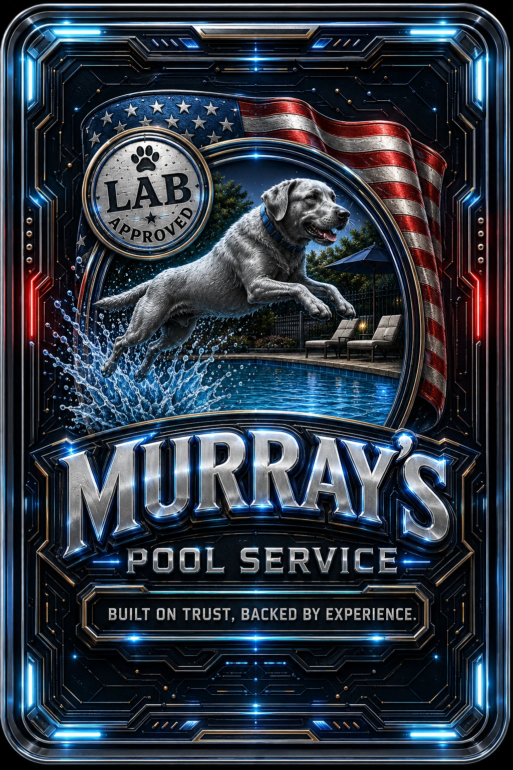 Murray’s Pool Service card front: Lab Approved silver Labrador, American flag and illuminated chrome frame